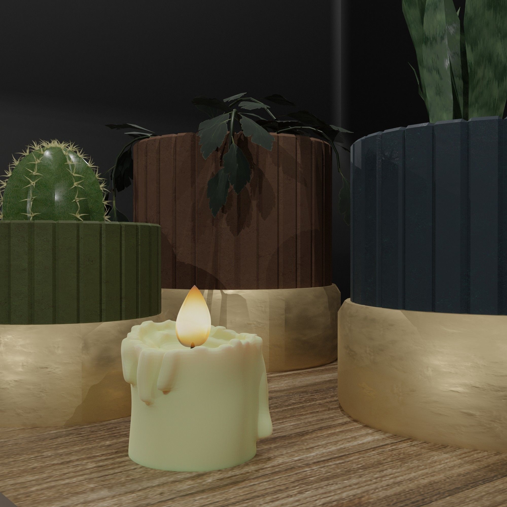 The table on which there are flowers in pots and a candle 3D model_11