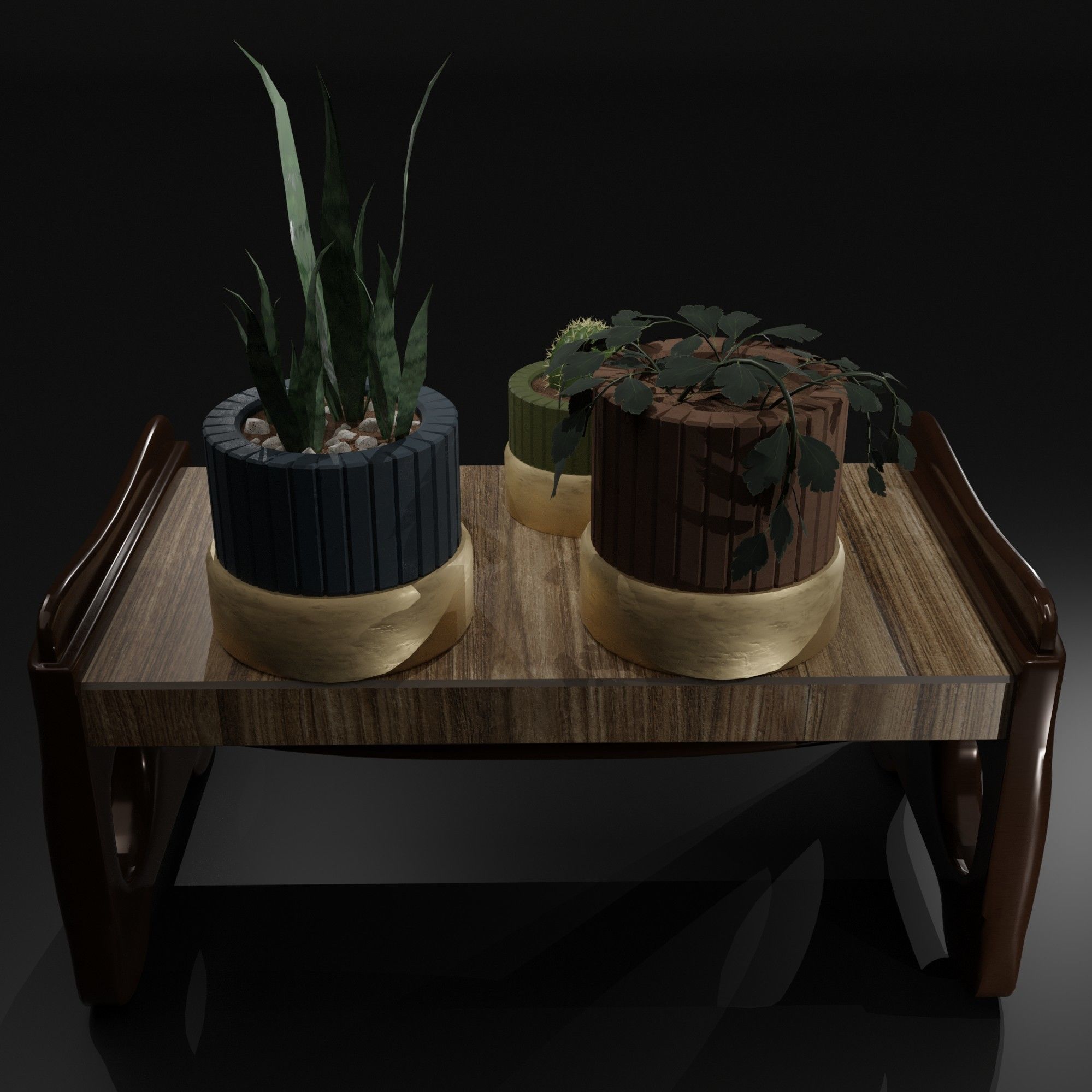 The table on which there are flowers in pots and a candle 3D model_7