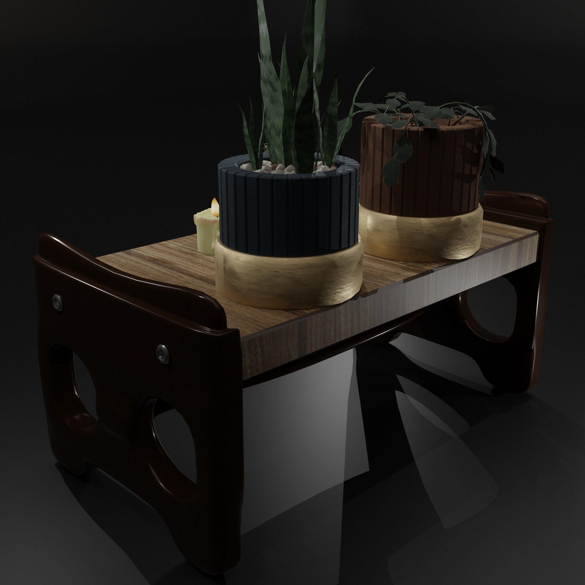 The table on which there are flowers in pots and a candle 3D model_8