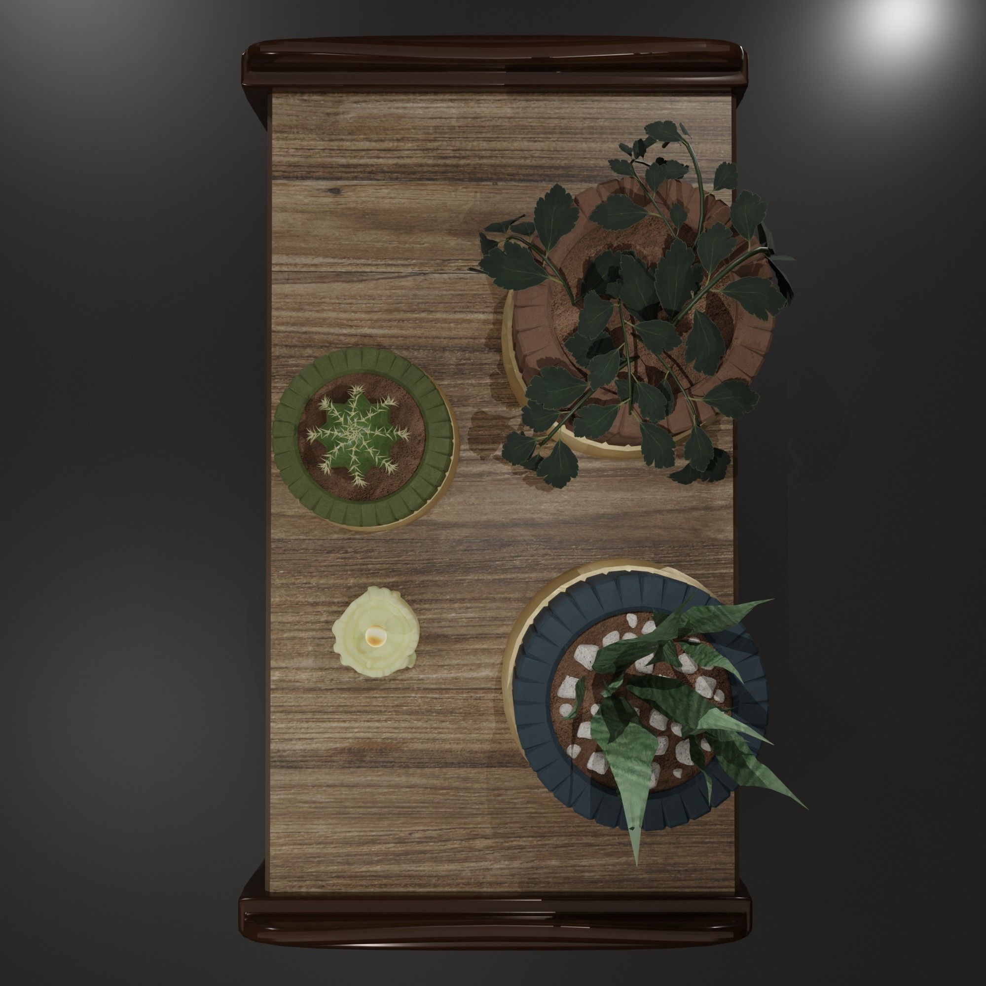 The table on which there are flowers in pots and a candle 3D model_4