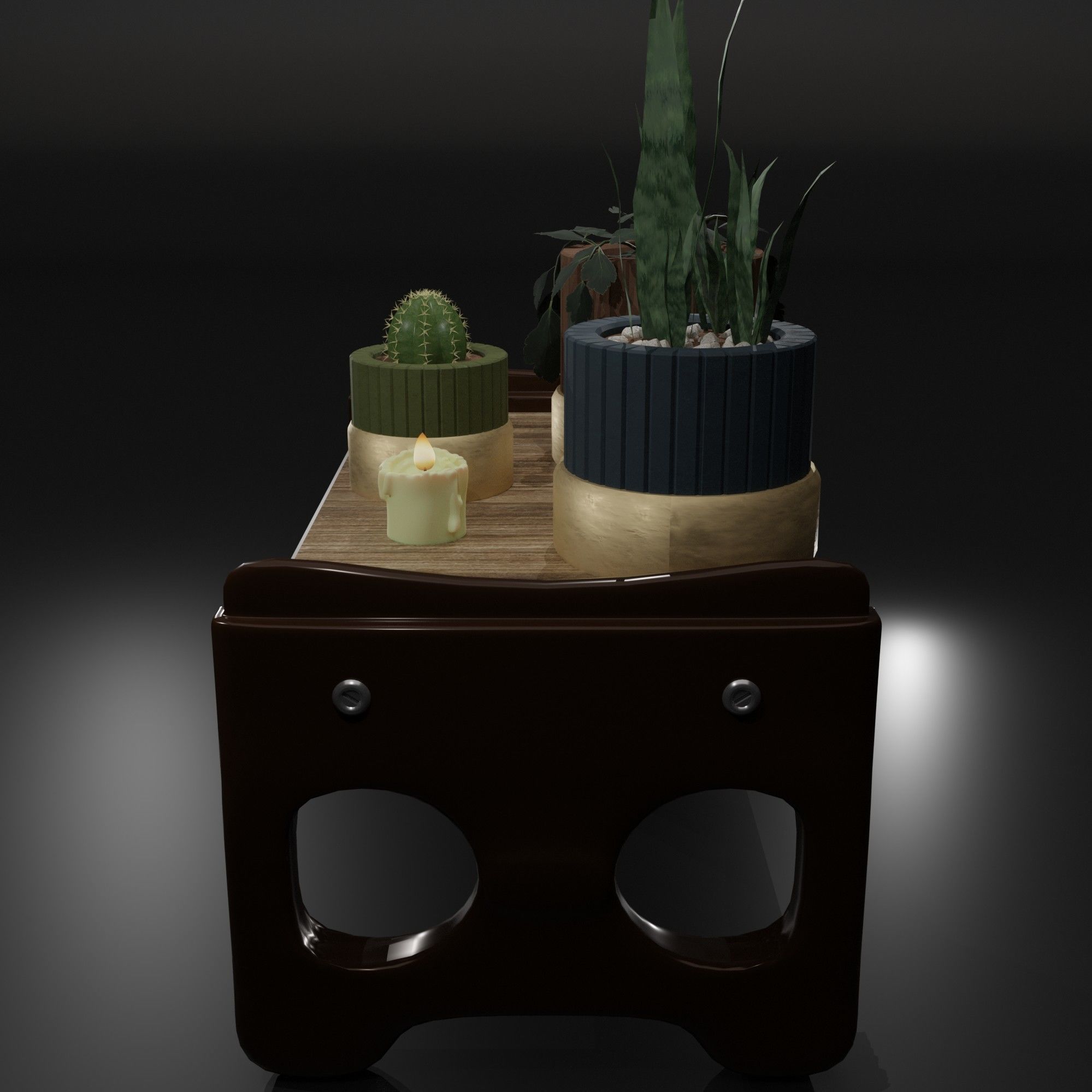 The table on which there are flowers in pots and a candle 3D model_9