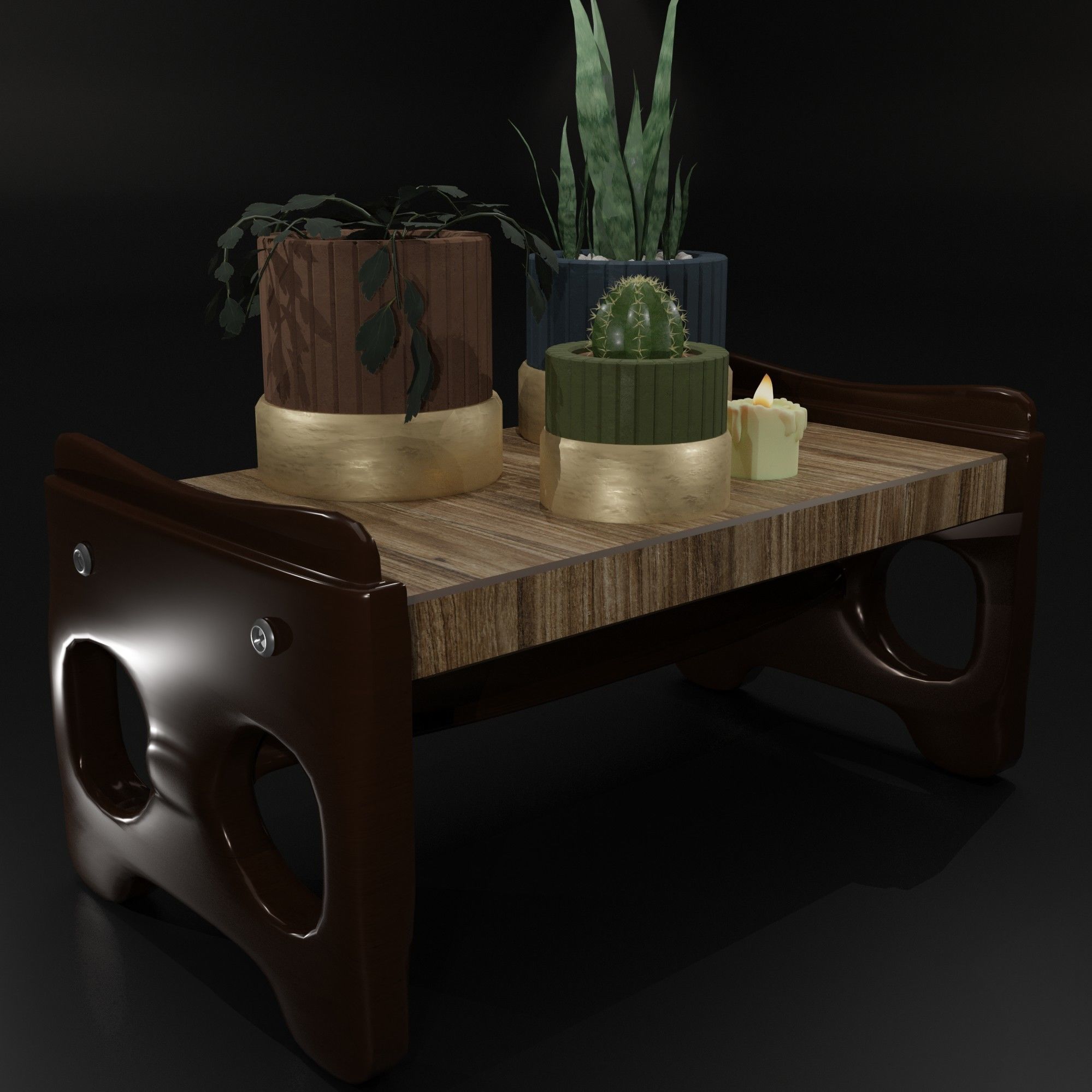The table on which there are flowers in pots and a candle 3D model_5