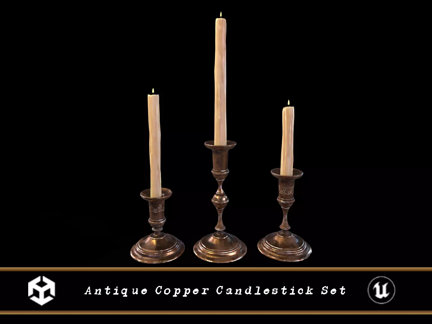 Antique Copper Candlestick Set Low-poly 3D model_0