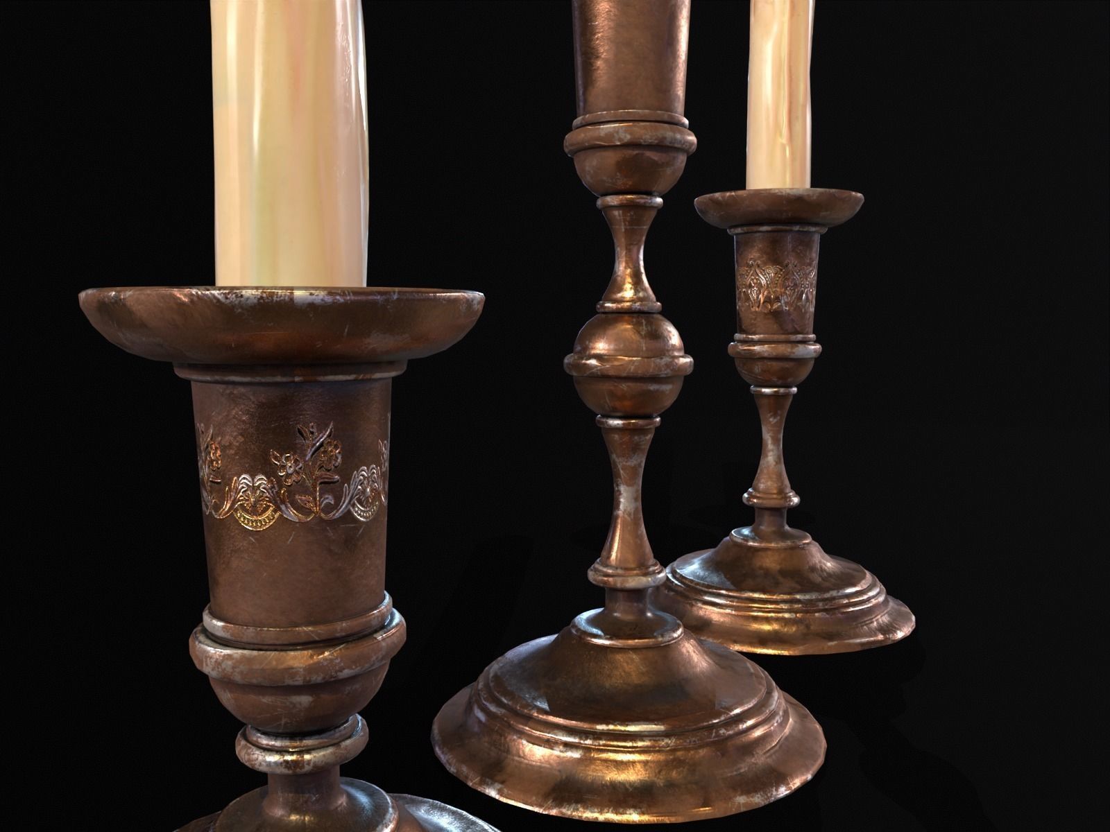 Antique Copper Candlestick Set Low-poly 3D model_18