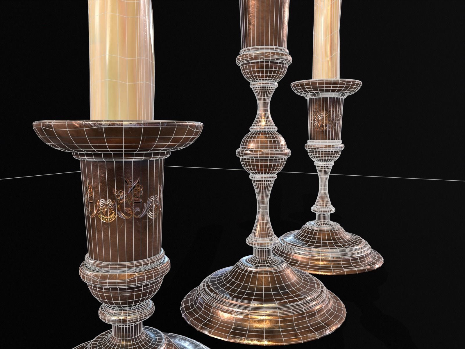Antique Copper Candlestick Set Low-poly 3D model_19