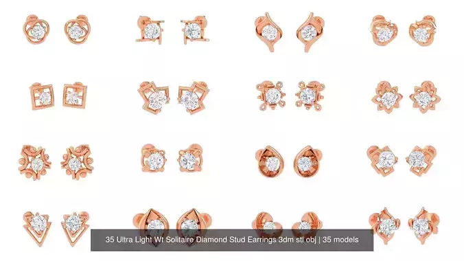 35 Ultra Light Wt Solitaire Diamond Stud Earrings 3dm stl obj 3D Model Collection