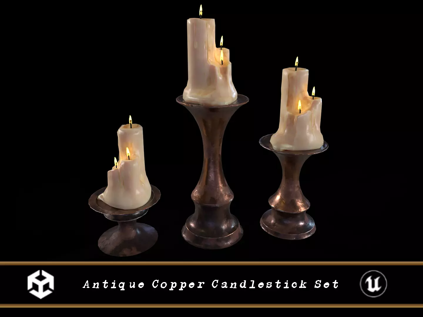 Antique Copper Candlestick Set Low-poly 3D model_0