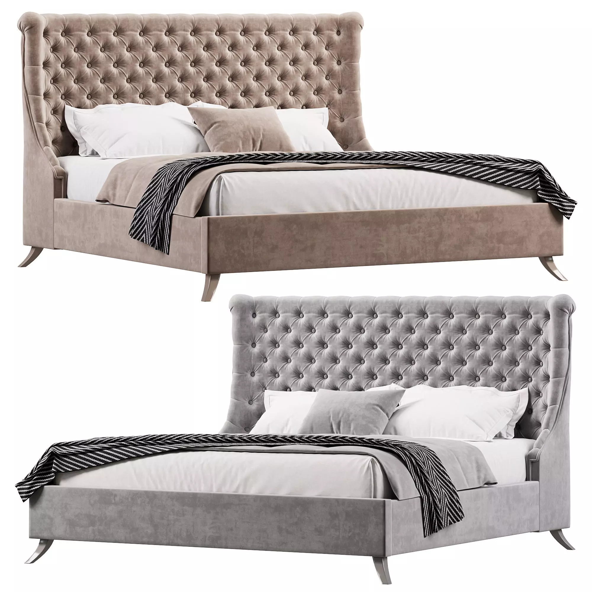 With bars finish silver coating fabric light beige velor bed 3D model