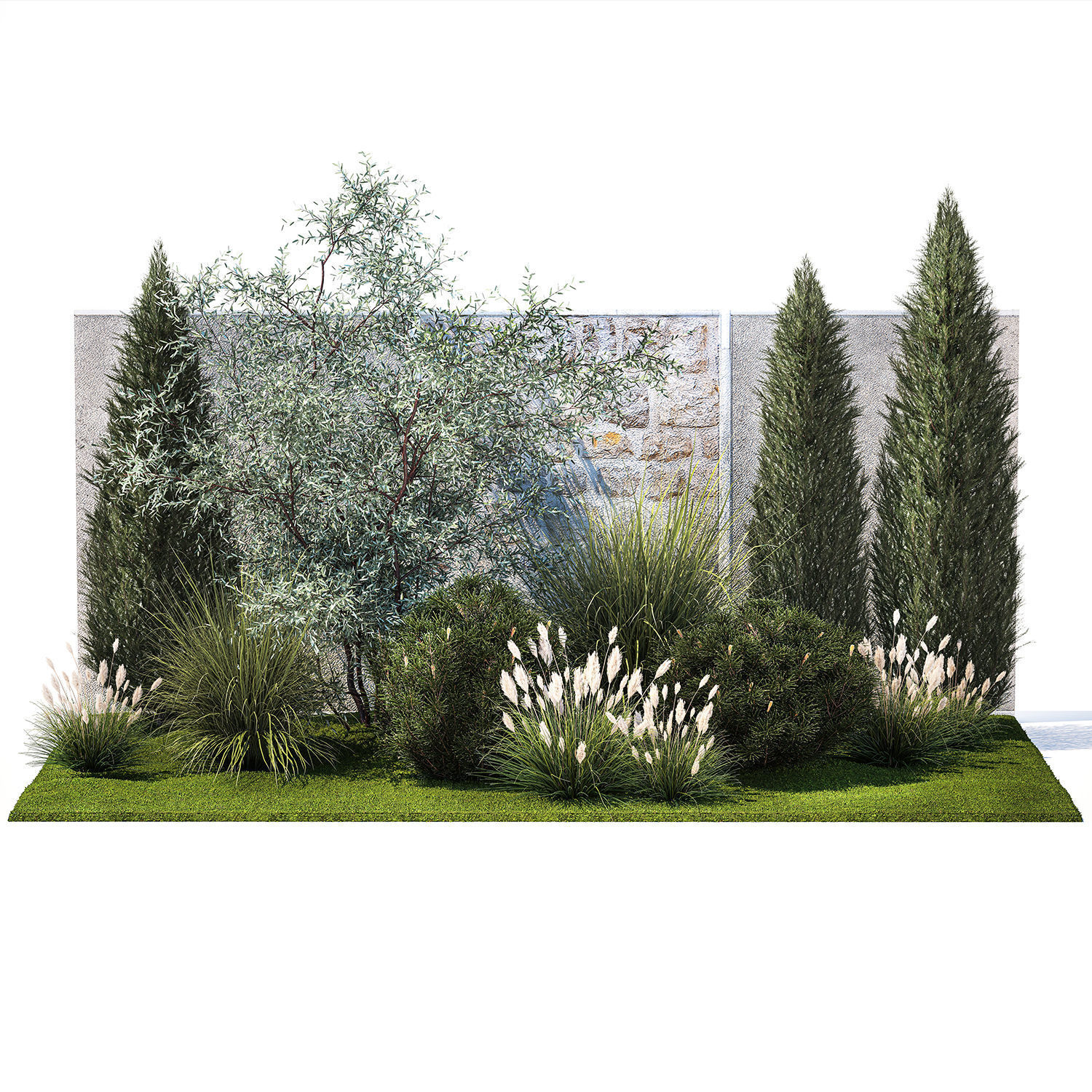 Garden with thuja cypress olive pine and bushes 1378 3D model_7