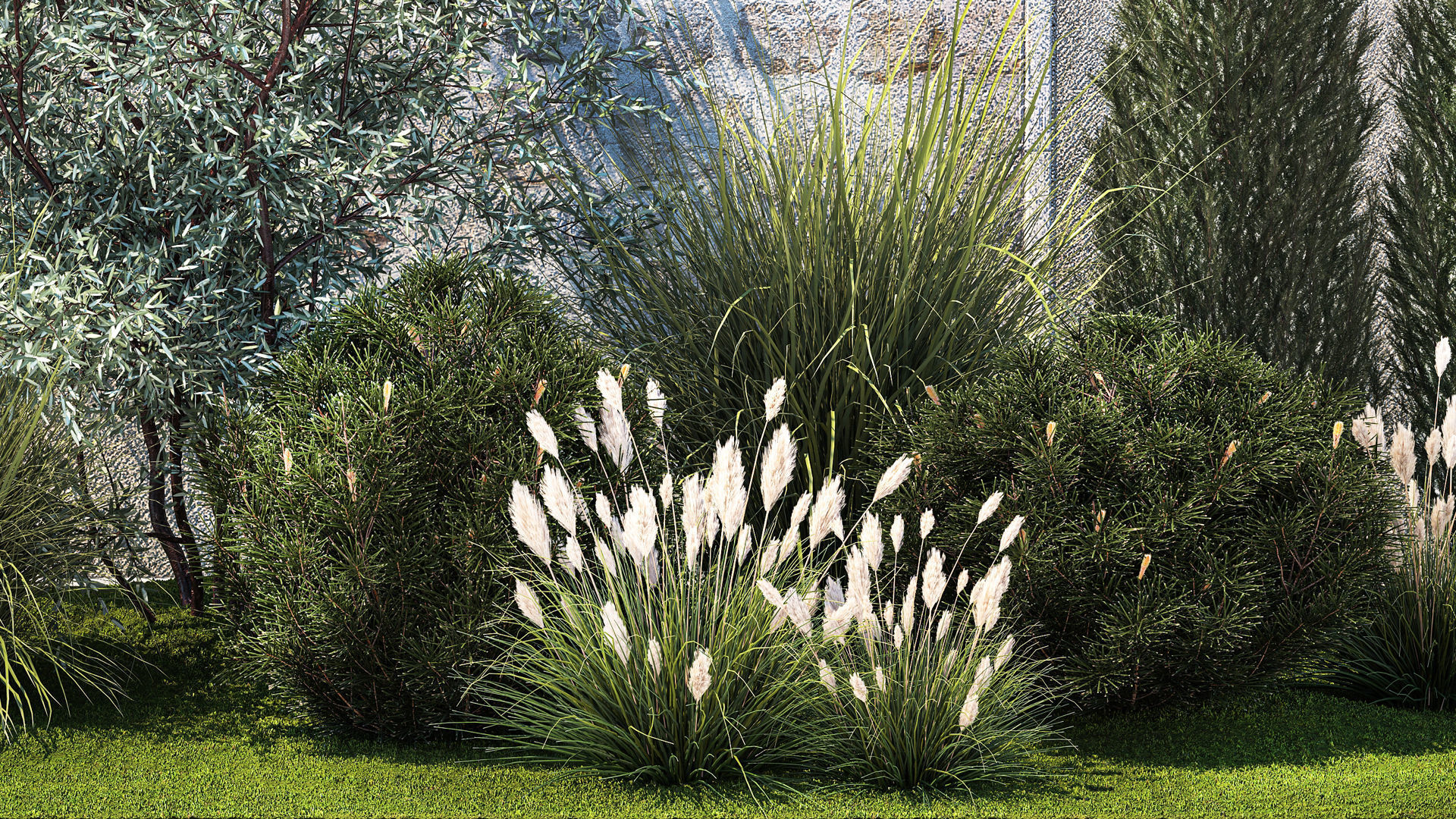 Garden with thuja cypress olive pine and bushes 1378 3D model_3