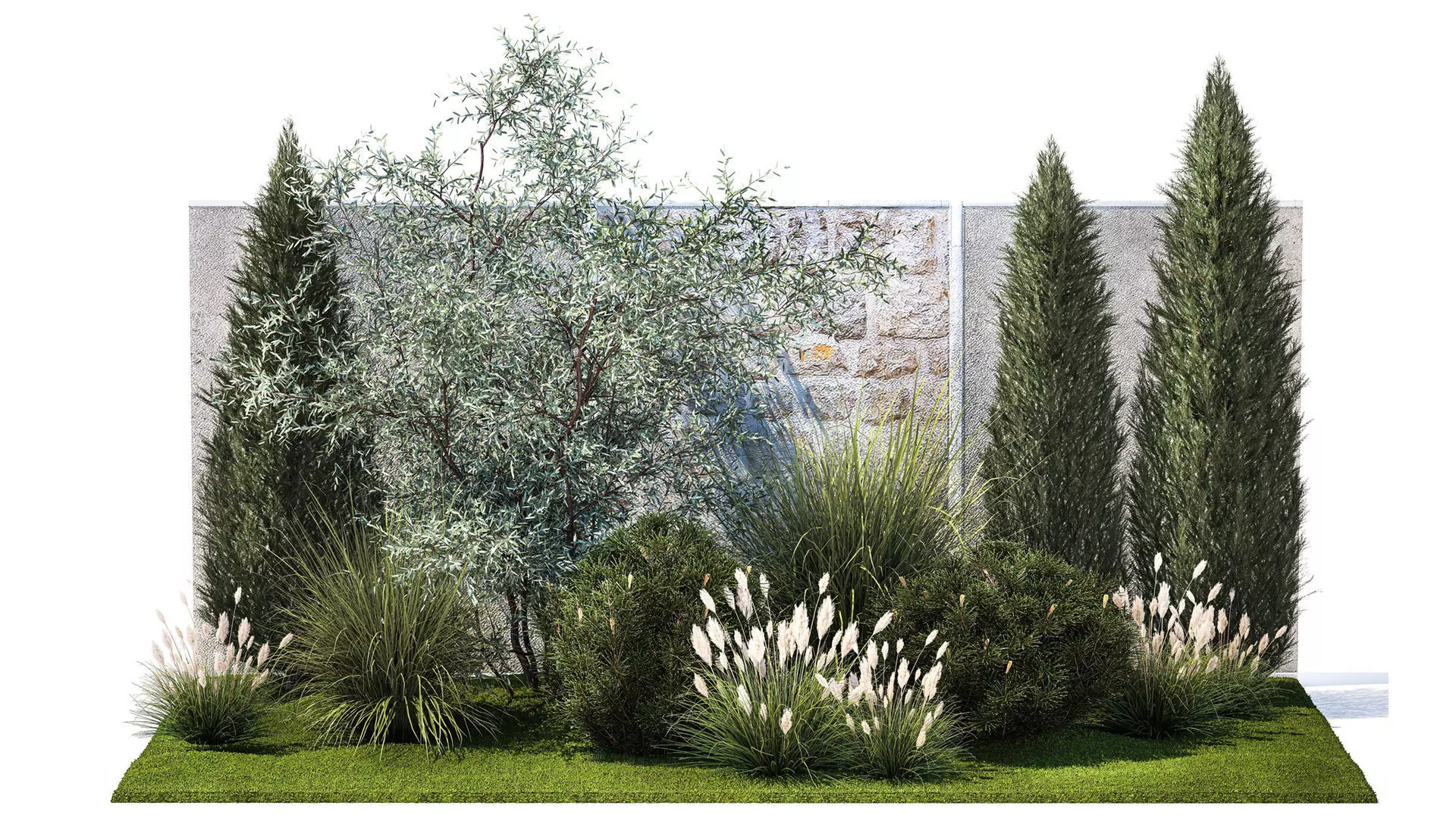 Garden with thuja cypress olive pine and bushes 1378 3D model_0