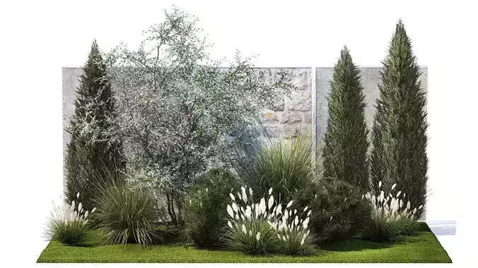 Garden with thuja cypress olive pine and bushes 1378 3D model
