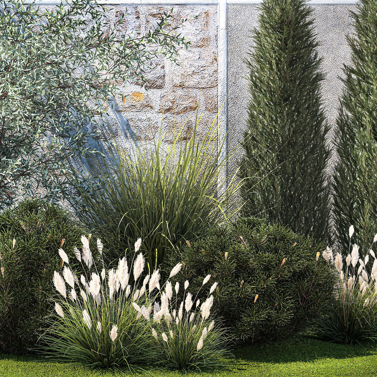 Garden with thuja cypress olive pine and bushes 1378 3D model_12