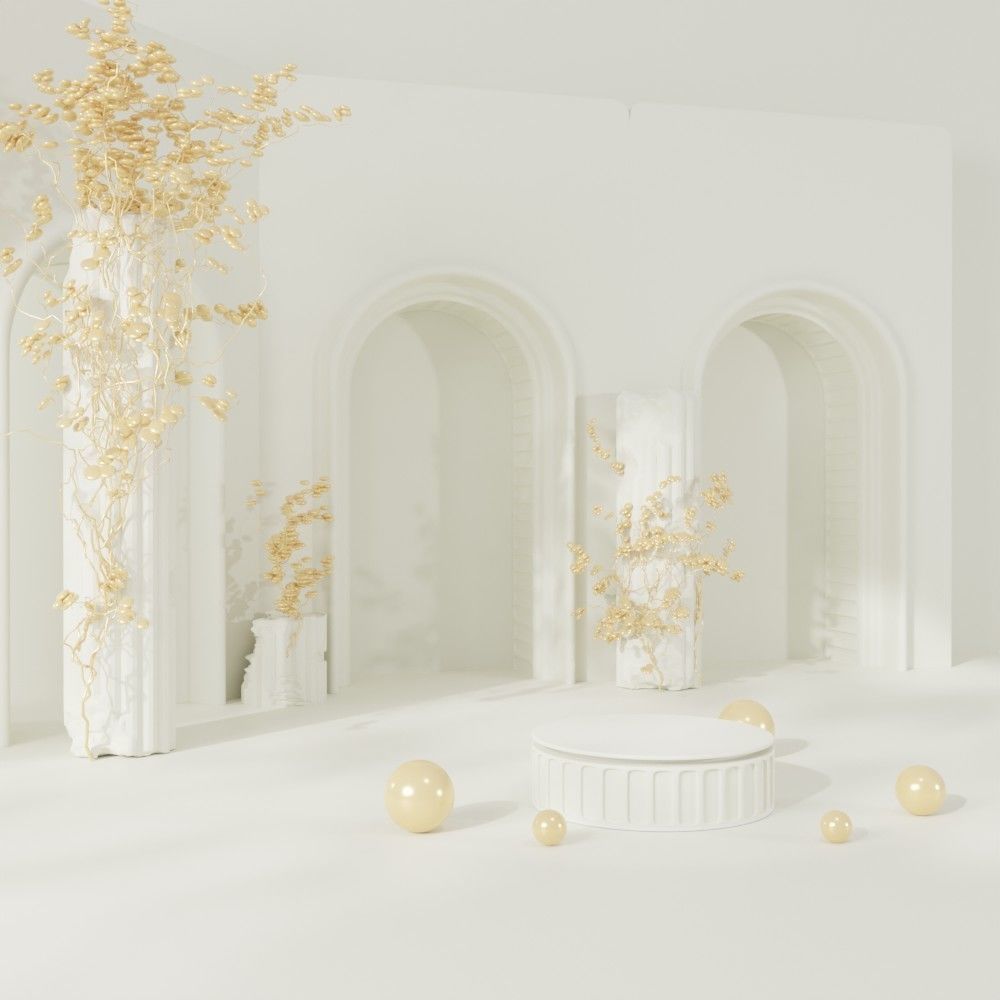 Roman arched exhibition stand in cream and white 3D model_3