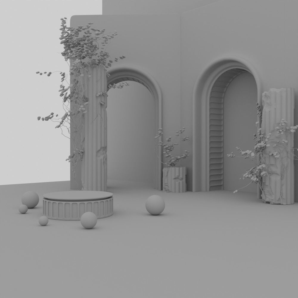 Roman arched exhibition stand in cream and white 3D model_7
