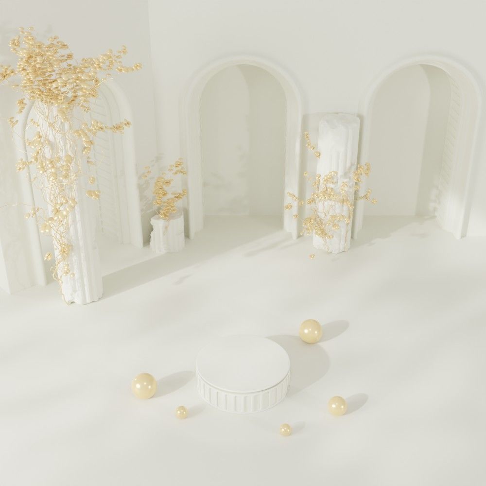 Roman arched exhibition stand in cream and white 3D model_2