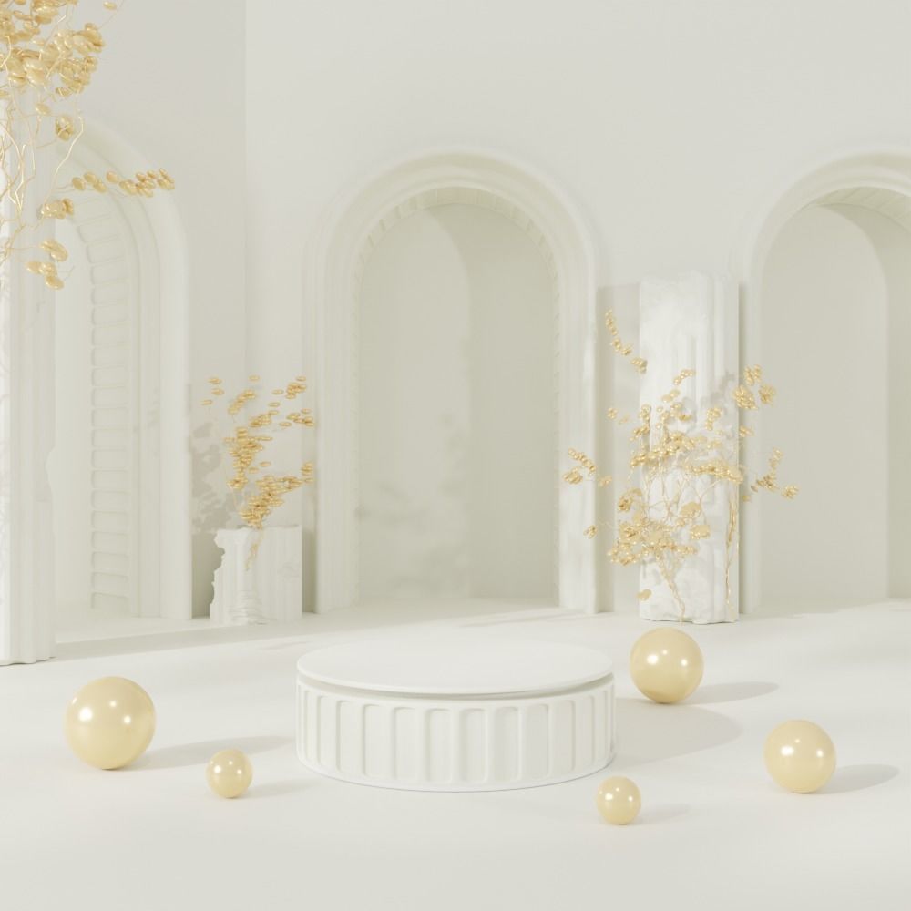 Roman arched exhibition stand in cream and white 3D model_1
