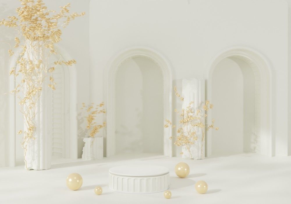 Roman arched exhibition stand in cream and white 3D model_4