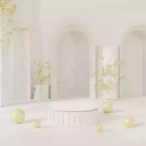 Roman arched exhibition stand in cream and white