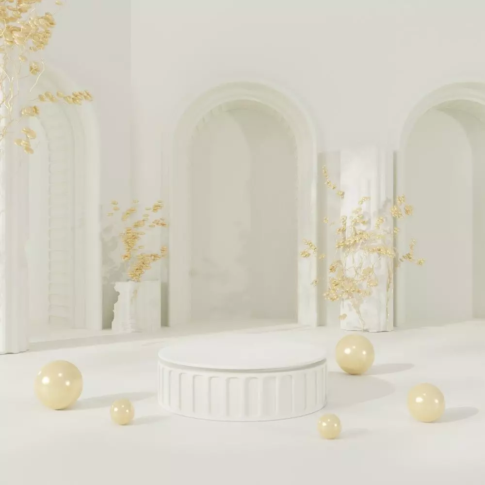 Roman arched exhibition stand in cream and white 3D model_0