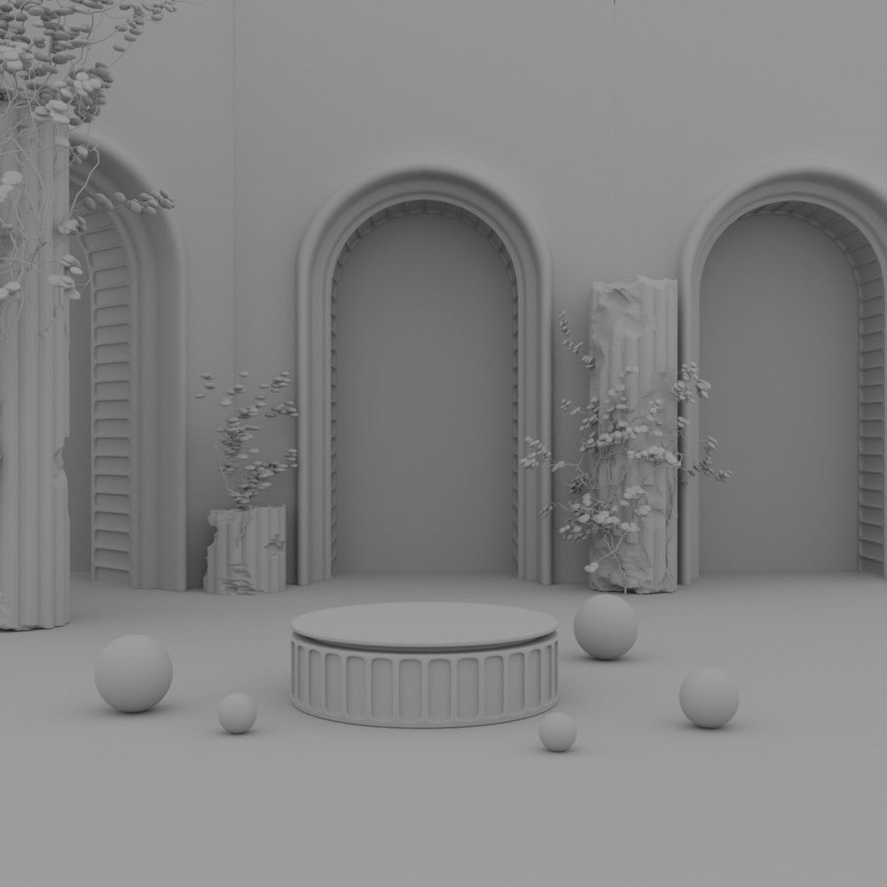 Roman arched exhibition stand in cream and white 3D model_6