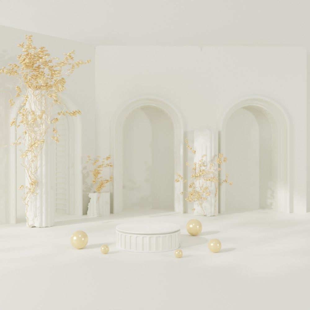 Roman arched exhibition stand in cream and white 3D model_5