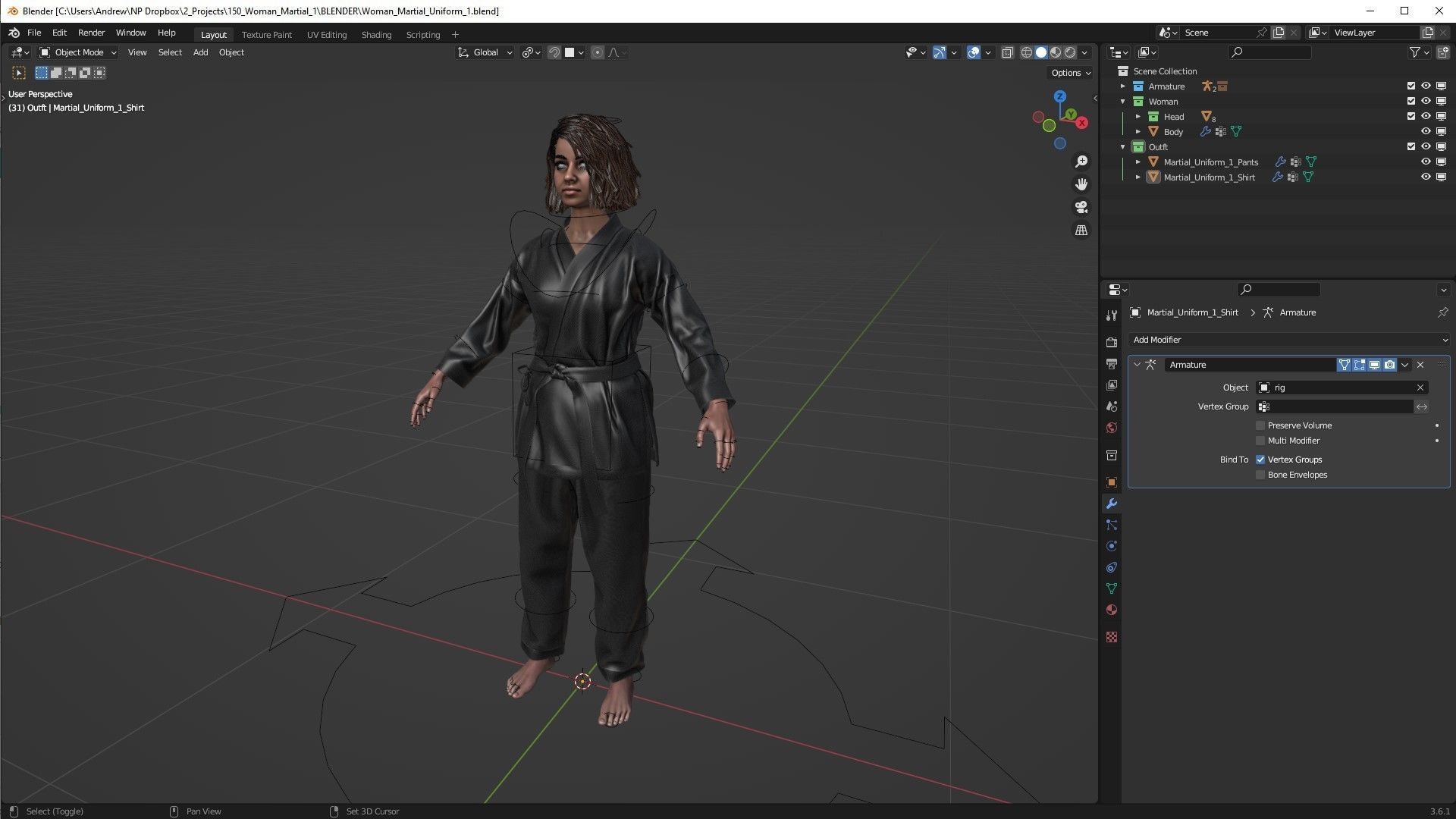 Woman - Martial Uniform 1 - Modular - Rigged Low-poly 3D model_6