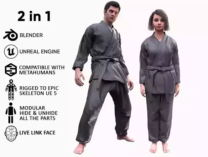 Womens and Mens Martial Uniforms - Modular - Rigged 3D Model Collection
