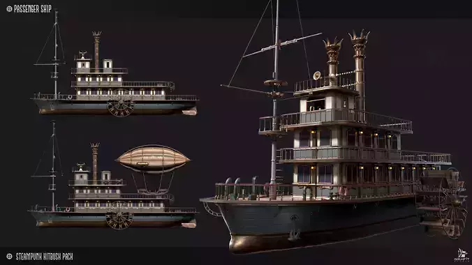 Steampunk Passenger Ship Model Game Ready Kitbash Textured Low-poly 3D model