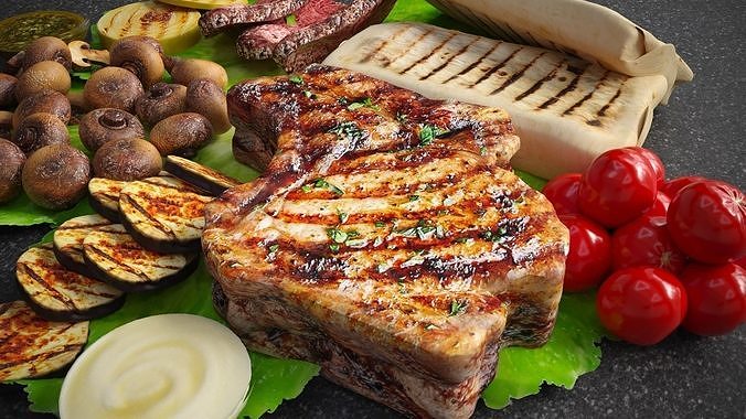 Grilled stake with vegetables 3D model 3