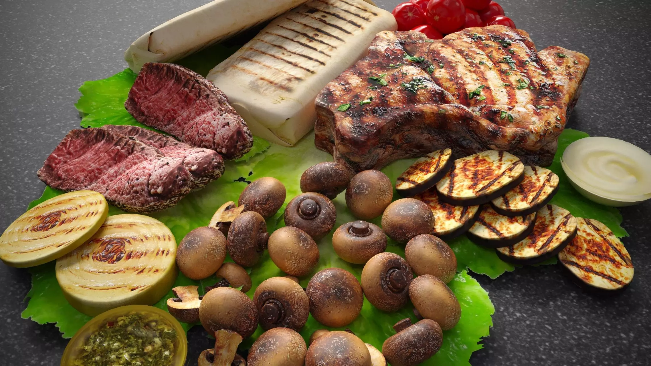 Grilled stake with vegetables 3D model_0