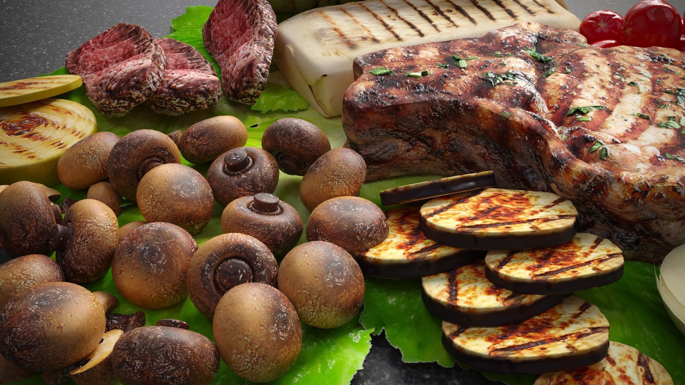 Grilled stake with vegetables 3D model_1