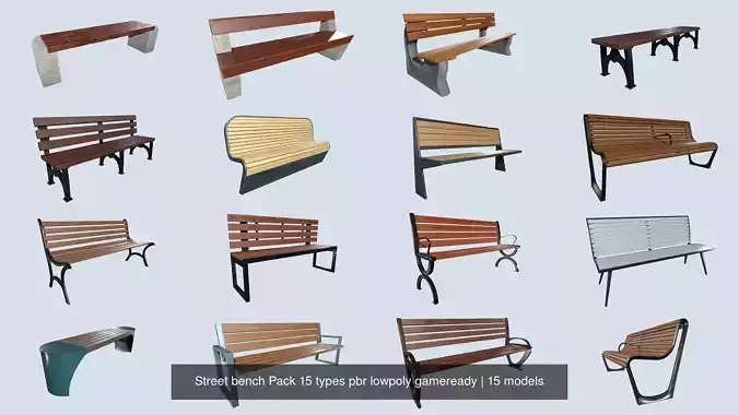 Street bench Pack 15 types pbr lowpoly gameready