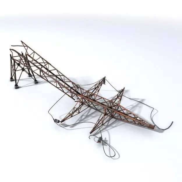 Wrecked high tension power lines stand Low-poly 3D model_0