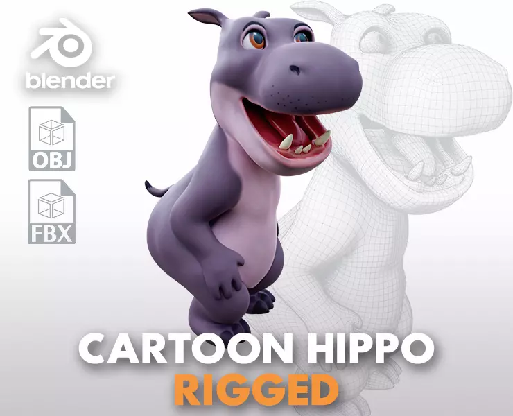 Hippo - Rigged Cartoon Character for Blender Low-poly 3D model_0