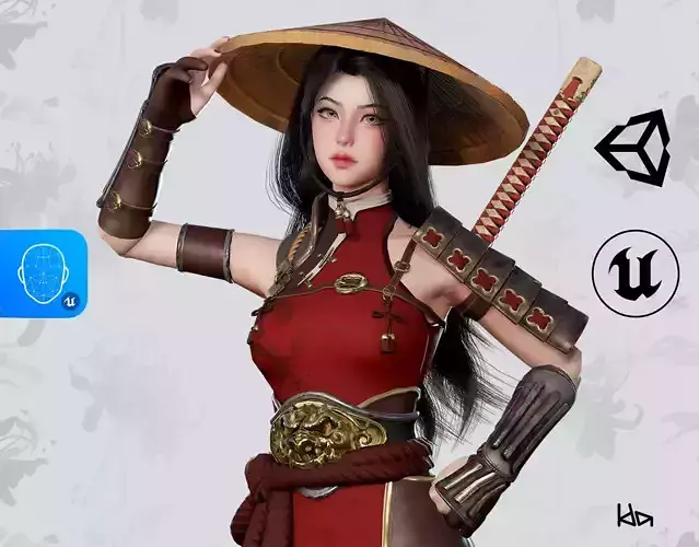 Samurai Girl Tomoe - Game Ready Low-poly 3D model