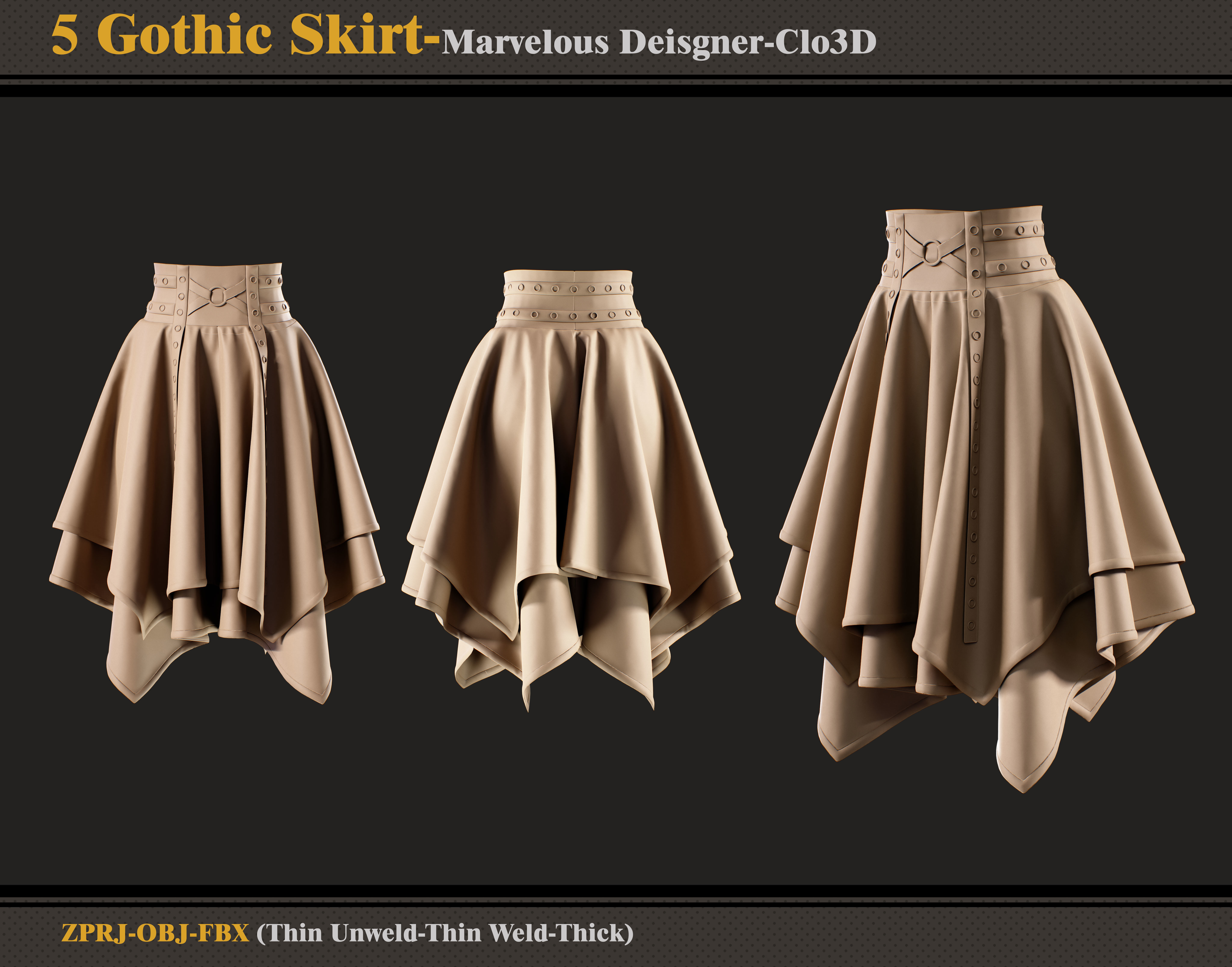 5 Gothic Skirts-Marvelous Designer-Clo3D-ZPRJ- FBX - OBJ 3D model_2