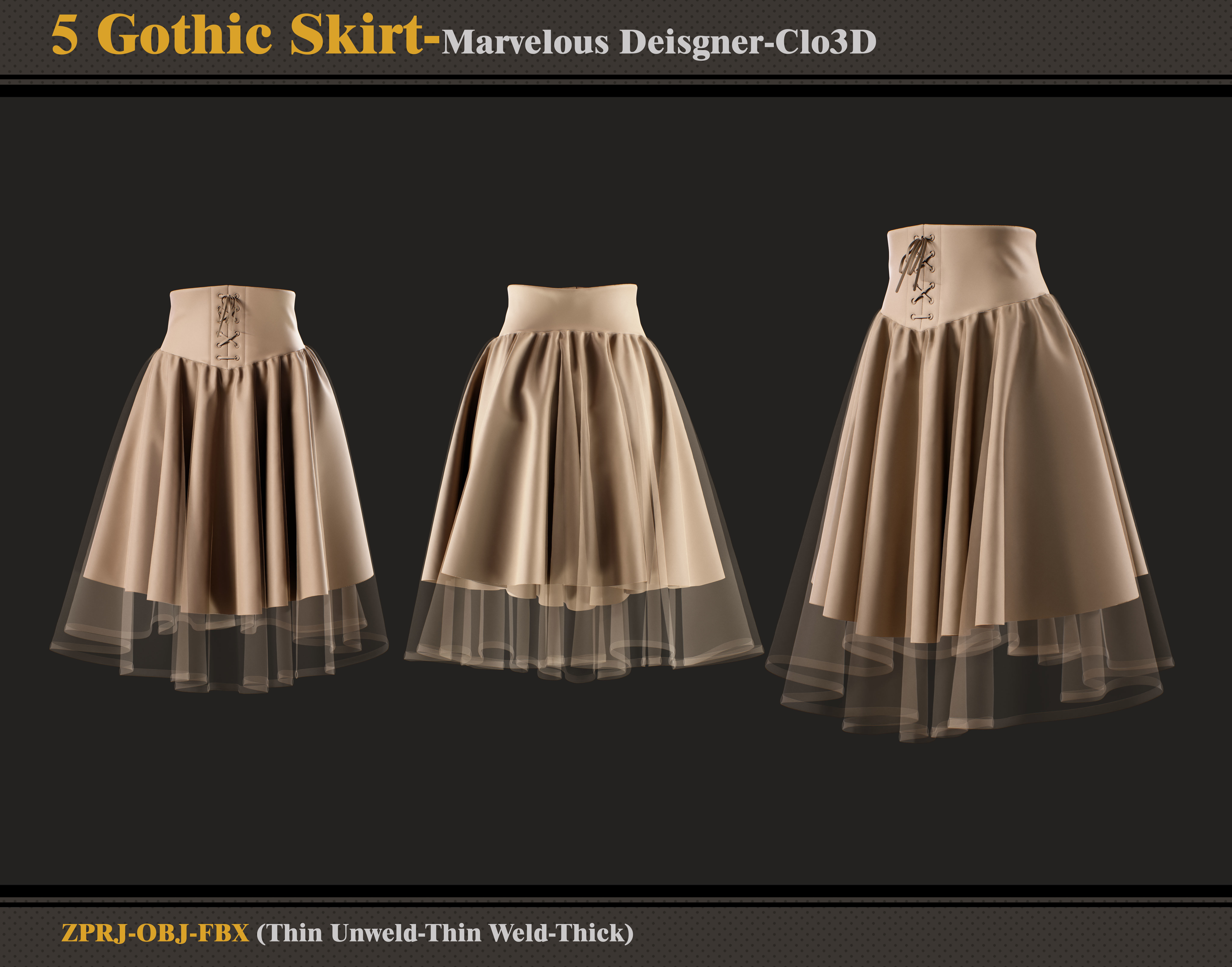 5 Gothic Skirts-Marvelous Designer-Clo3D-ZPRJ- FBX - OBJ 3D model_4