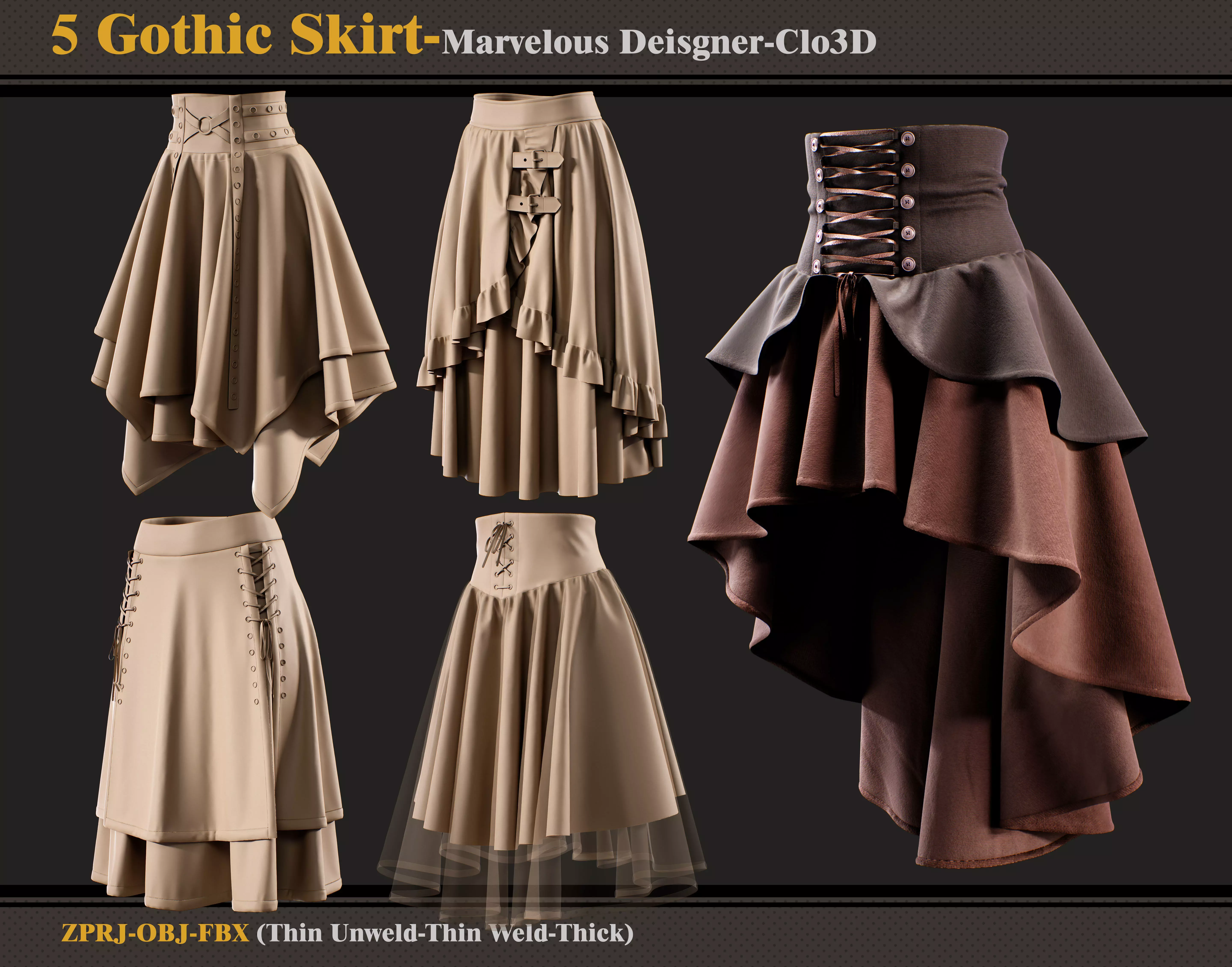 5 Gothic Skirts-Marvelous Designer-Clo3D-ZPRJ- FBX - OBJ 3D model_0