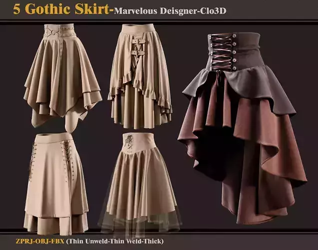 5 Gothic Skirts-Marvelous Designer-Clo3D-ZPRJ- FBX - OBJ