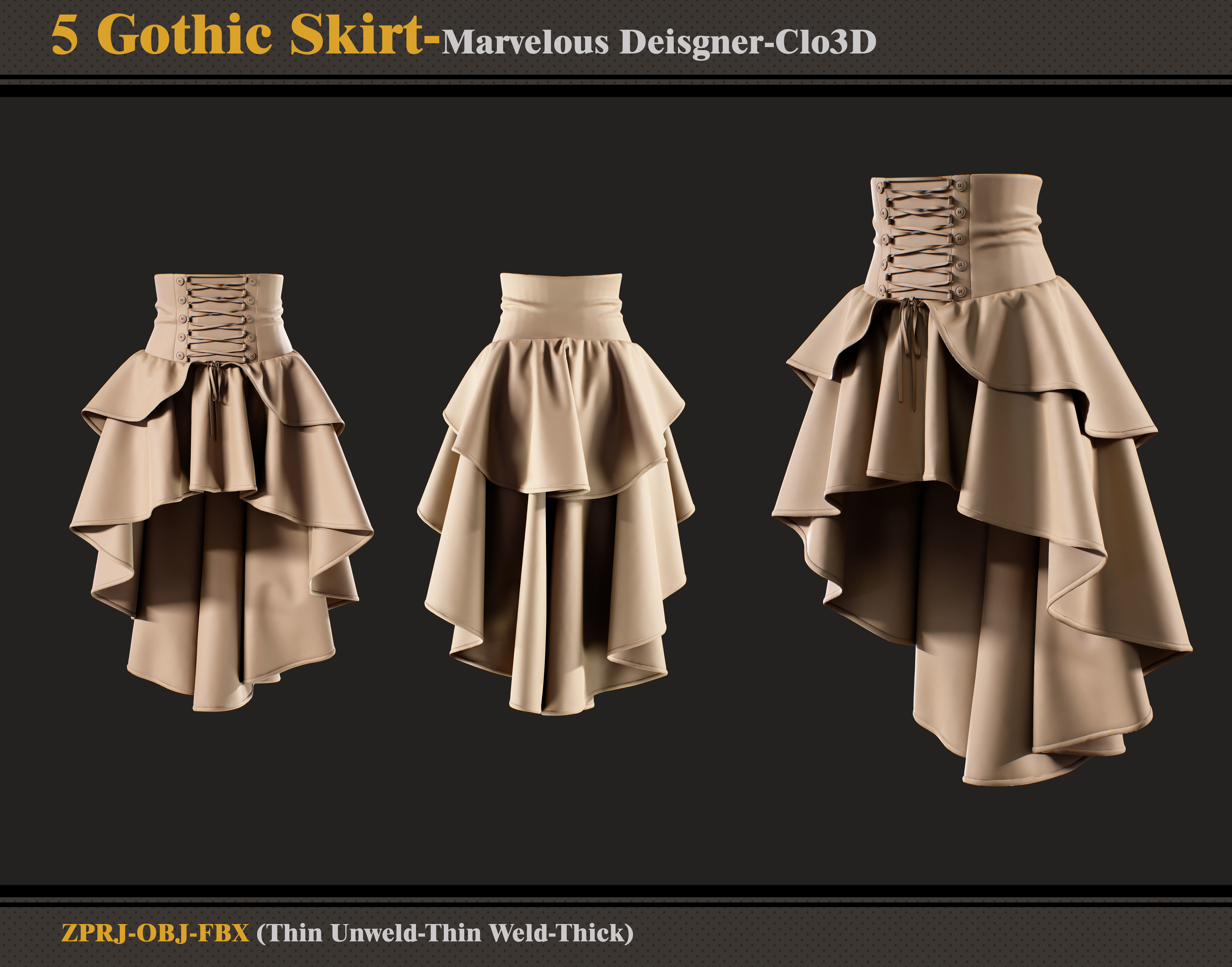 5 Gothic Skirts-Marvelous Designer-Clo3D-ZPRJ- FBX - OBJ 3D model_1