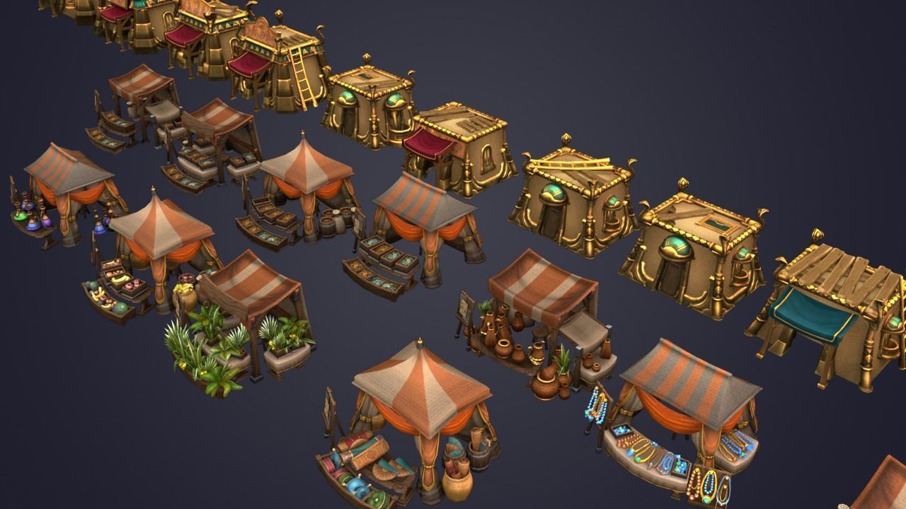 Medieval Market Vegetable Stalls Tent Pack Low-poly 3D model_2