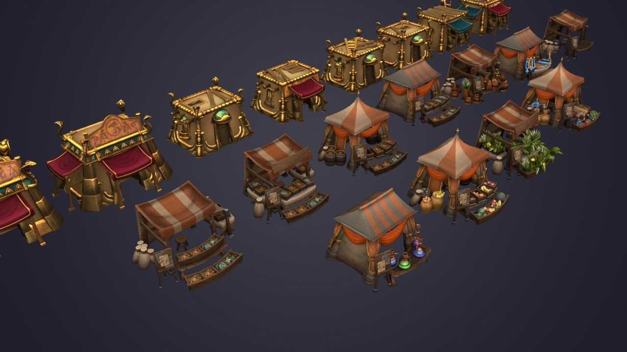Medieval Market Vegetable Stalls Tent Pack Low-poly 3D model_1