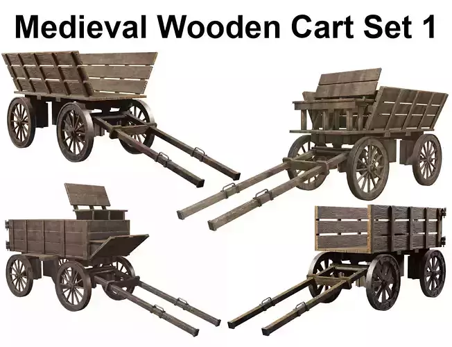 Medieval Wooden Cart Set 1 3D Model Collection