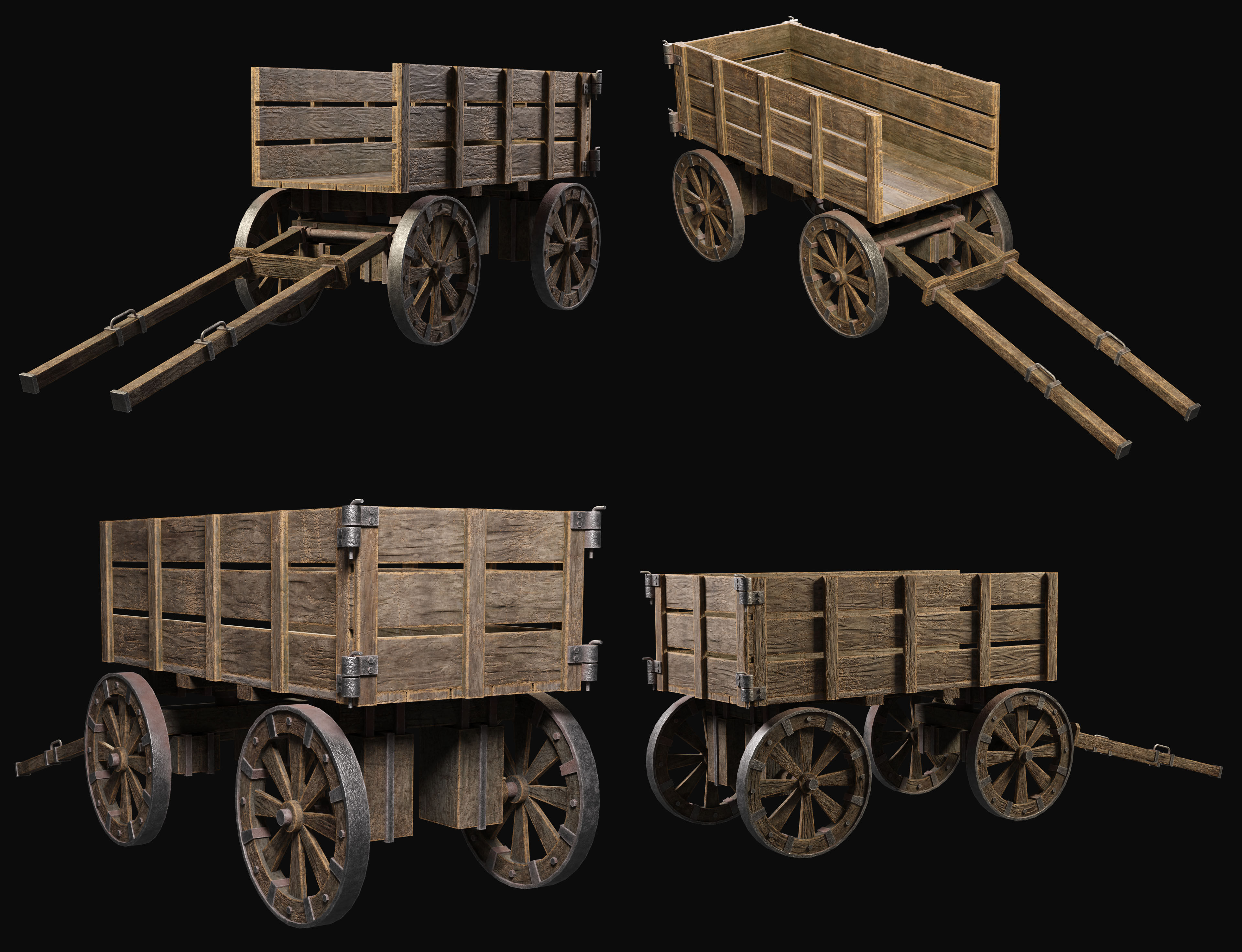 Medieval Wooden Cart Set 1 3D Model Collection_11