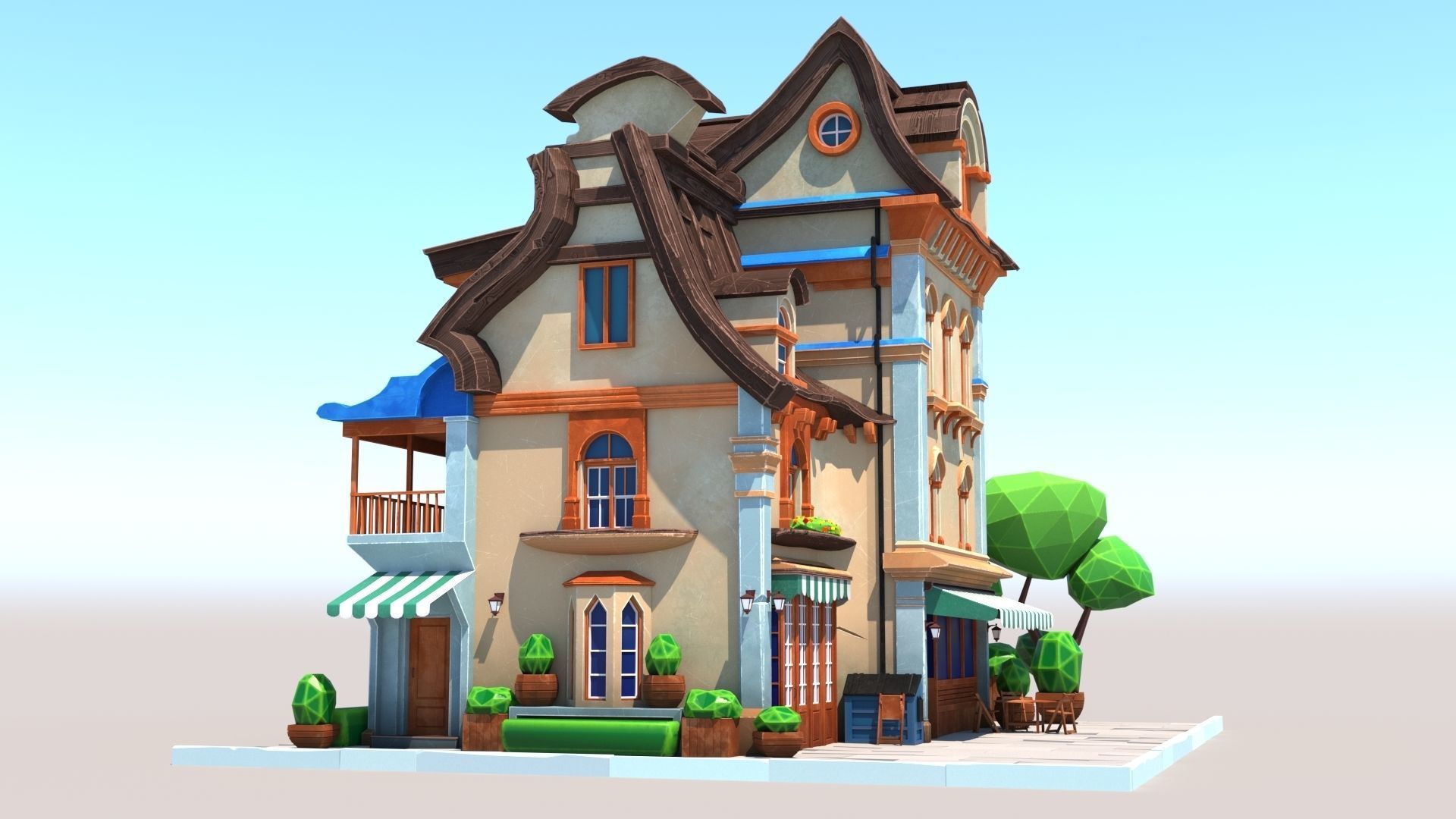 Stylized Beautiful Street Town House-02  wiht PBR Textures Low-poly 3D model_7