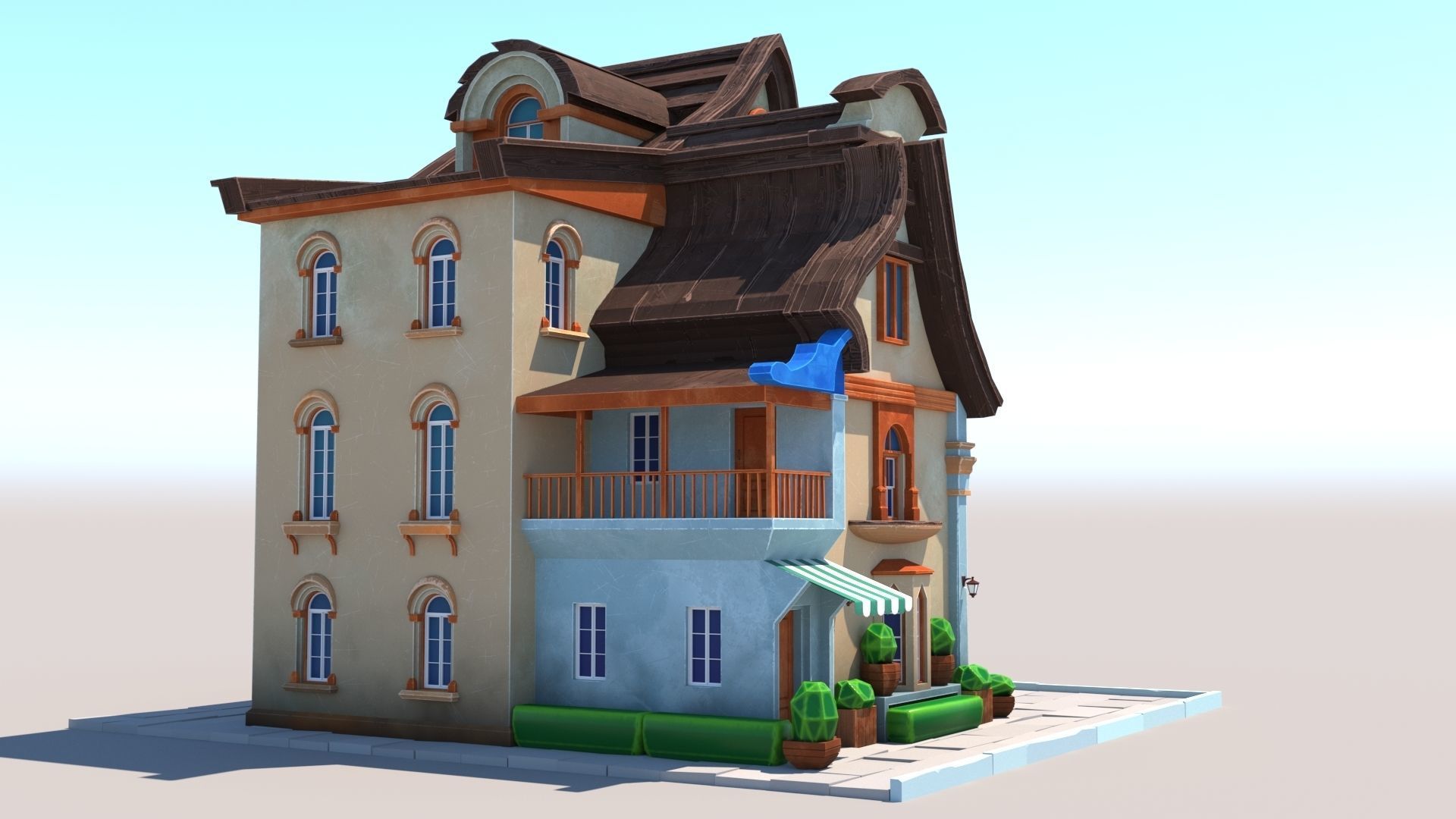 Stylized Beautiful Street Town House-02  wiht PBR Textures Low-poly 3D model_5