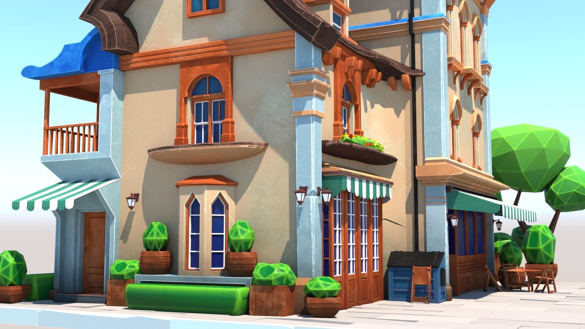 Stylized Beautiful Street Town House-02  wiht PBR Textures Low-poly 3D model_8
