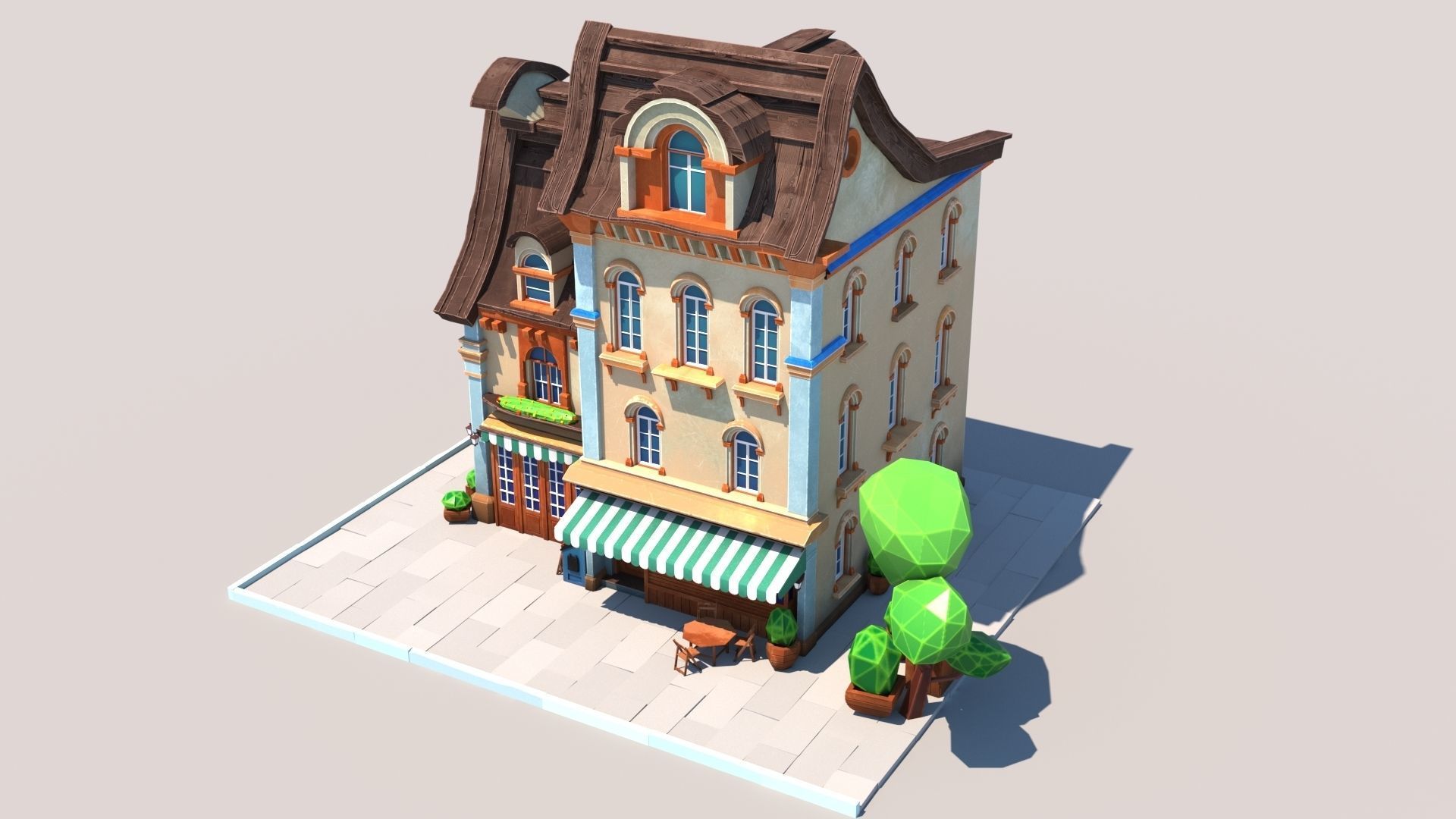 Stylized Beautiful Street Town House-02  wiht PBR Textures Low-poly 3D model_12
