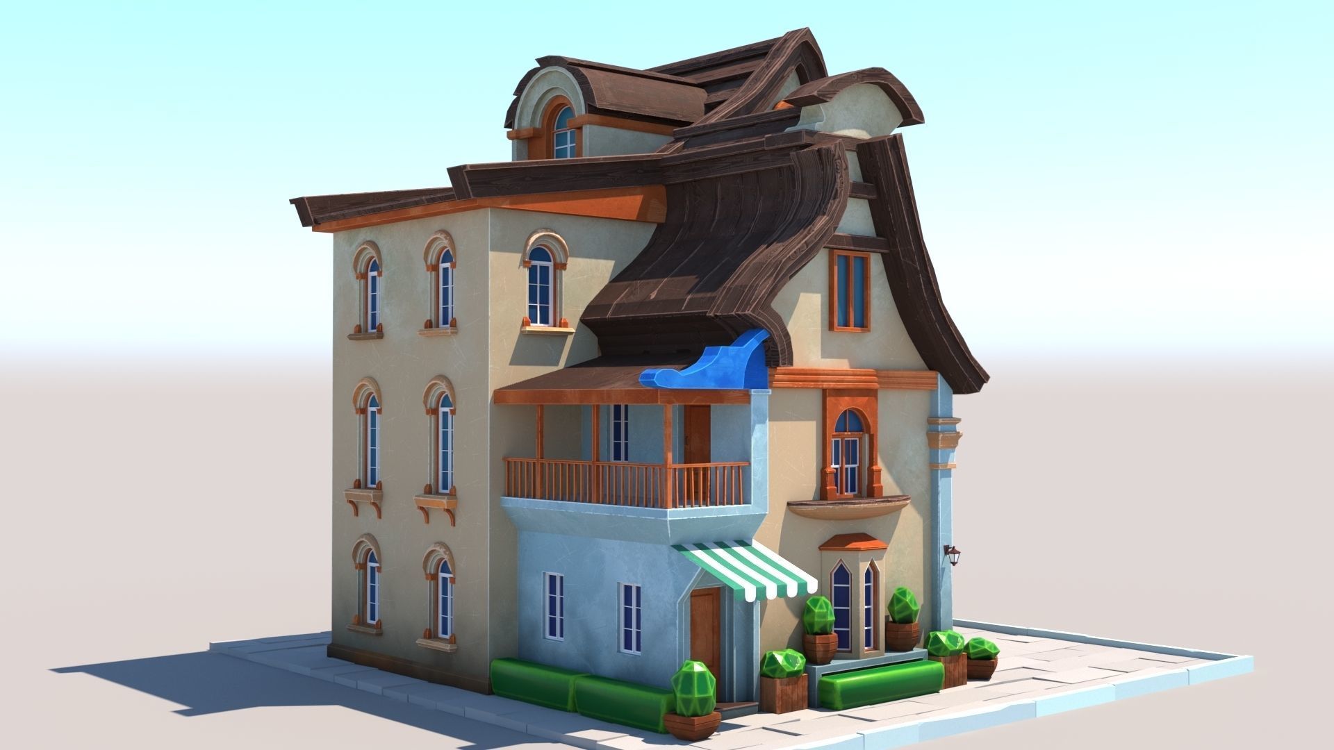 Stylized Beautiful Street Town House-02  wiht PBR Textures Low-poly 3D model_19